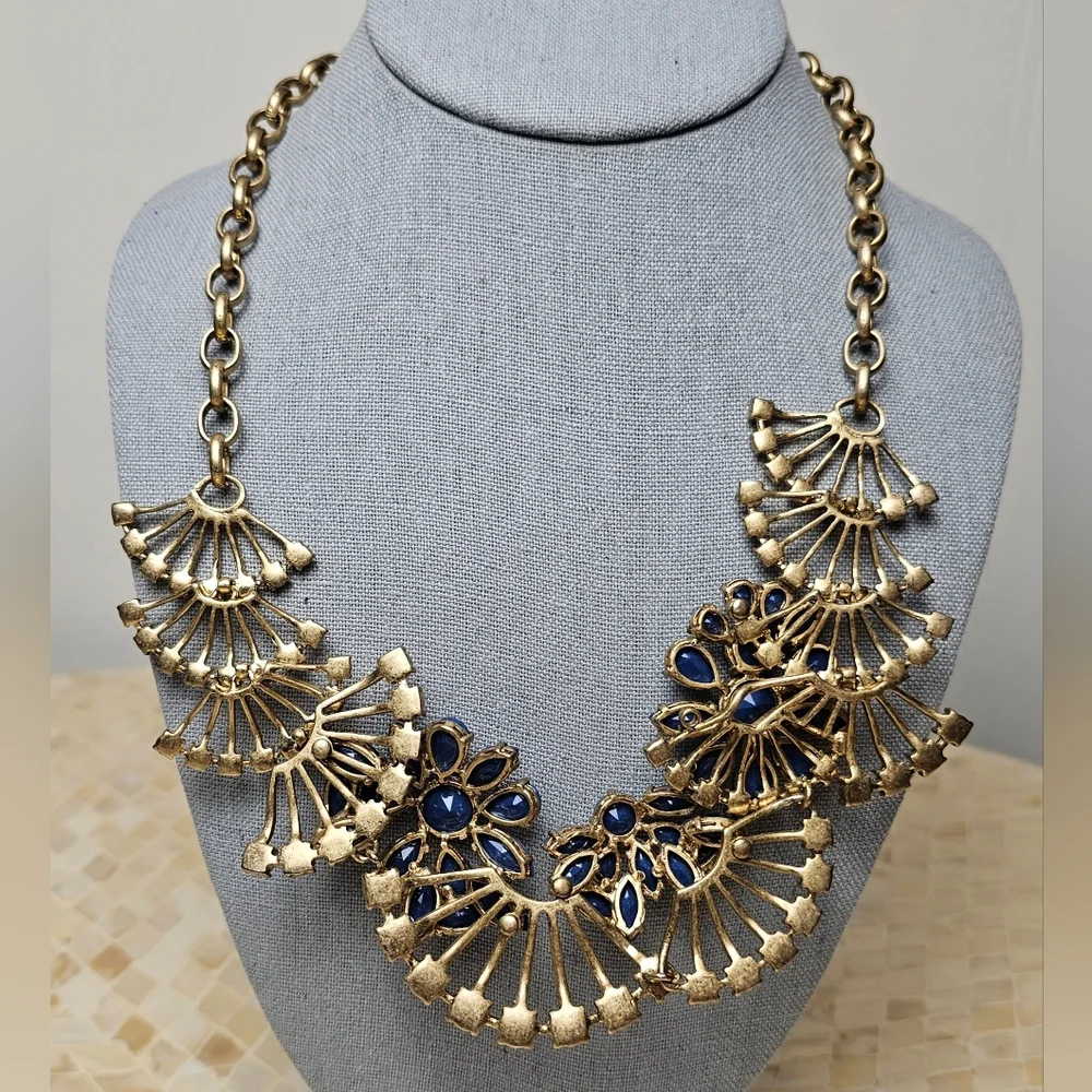[J. CREW] Vintage Gold Tone Blue Stones Fan Crysral Gemstones Statement Necklace